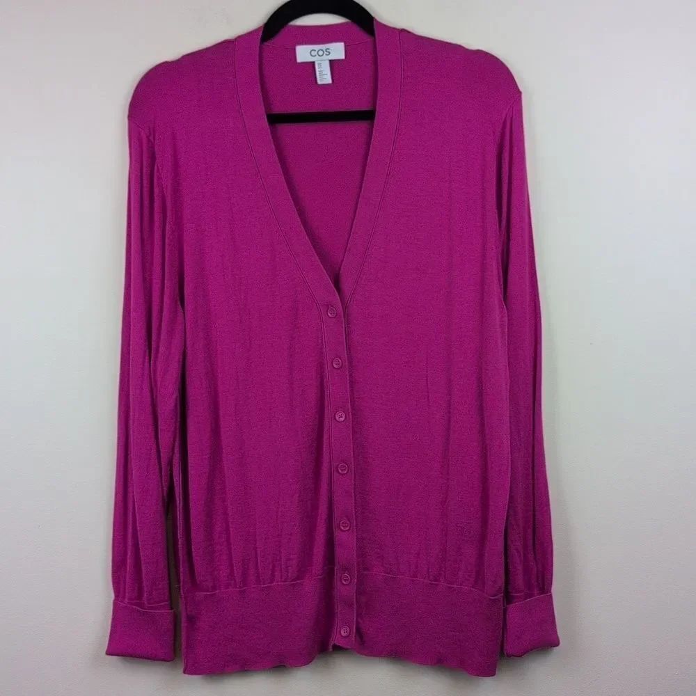 COS V-neck Button Cardigan Fuschia Silk Blend Size M